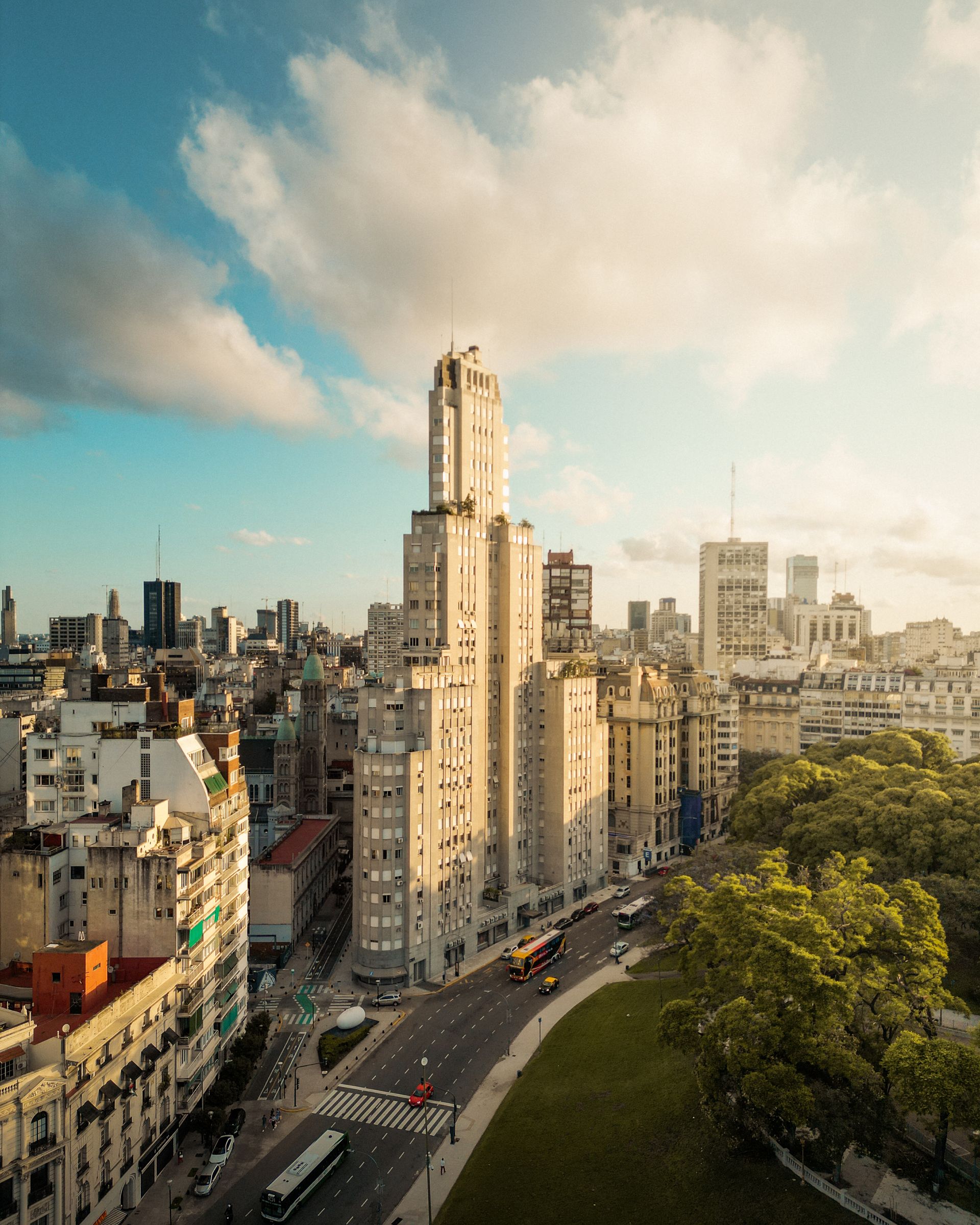 Buenos Aires skyline at dusk, residential towers over the Río de la Plata